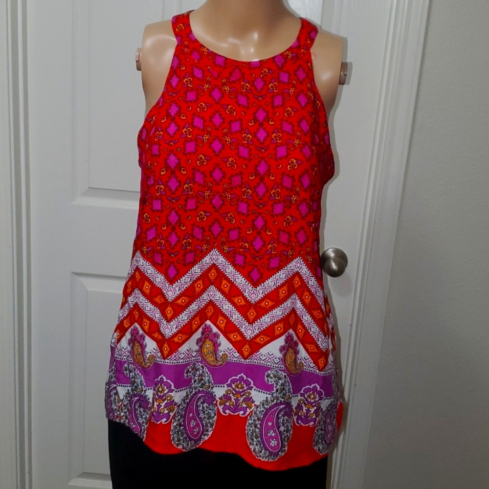 Lucy & Laurel M vibrant red floral and paisley bohemian racer back flowy top